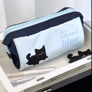 Large capacity blue pencil case featuring a cute black cat and Ice Crystal Blue text