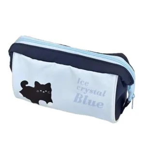 Cute light blue large capacity pencil case with black cat and Ice Crystal Blue print