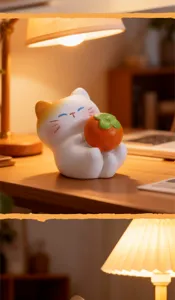 Nahaufnahme einer süßen weißen Katzenfigur, die eine Persimone auf einem Schreibtisch hält.