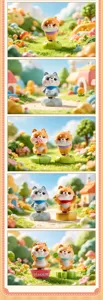 Vue détaillée des adorables figurines Shiba Inu rotatives dans un décor de jardin miniature