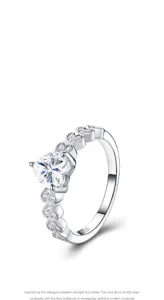 Vue détaillée d'une bague en argent S925 avec une pierre de moissanite en forme de cœur