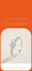 Vue détaillée de la bague en argent S925 avec moissanite en forme de cœur et pavé.