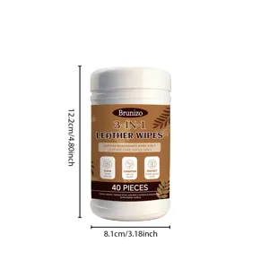 Comprehensive size guide for Brunizo 3-in-1 leather cleaning and maintenance wipes container