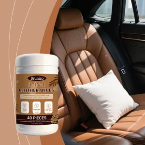 Detail showing Brunizo 3-in-1 leather care wipes canister for luxury car interiors