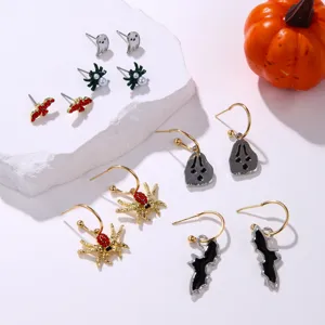Halloween earrings set featuring spooky ghosts, spiders, and bats with shiny rhinestones