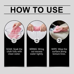 Magic microfiber cleaning cloth detail instruction guide showing soaking, wringing and wiping steps.