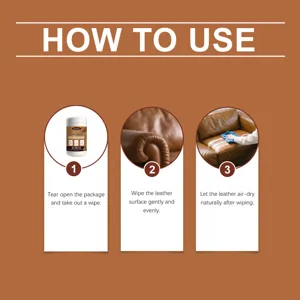 Visual three-step guide on how to use Brunizo 3-in-1 leather wipes for sofa care.