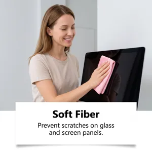 Detail view of pink microfiber cleaning cloth wiping glass and screen safely without scratches.