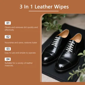 Detail view of 3-in-1 leather wipes features showing polished black leather shoes