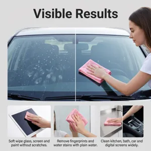 Microfiber cleaning cloth detail showing multi-surface wiping on glass, screen and car interior.