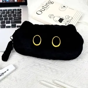 Cute Black Cat Plush Pencil Case Large Capacity Soft Coal Ball Cat Stationery Bag For Students Office Storage Organizer