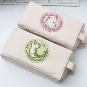 Astuccio in Tela Carino Ricamo Gatto Grande Capacità Multistrato Borsa Portaoggetti per Cancelleria Pocetta per Trucco Portatile