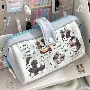 Cute Border Collie Canvas Pencil Case Large Capacity Stationery Storage Bag Student Pen Pouch For School Office