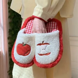Cute red apple plush slippers for women and men, warm furry winter indoor home floor shoes.