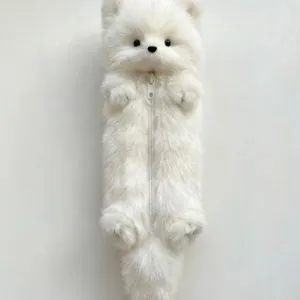 White plush fox pencil case cute animal plush toy stationery storage bag for students