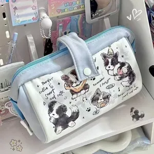 Japanese ins style cute border collie canvas pencil case large capacity stationery storage bag.