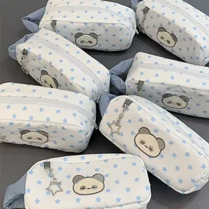 Schattig blauwe ster panda etui voor studenten, stijlvolle canvas briefpapier opbergdoos tas.
