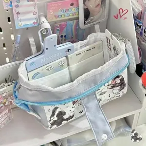 Cute canvas pencil case large capacity stationery storage bag with sweet puppy pattern desktop organizer