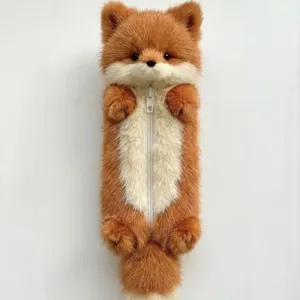 Cute plush fox pencil case detail, soft furry animal stationery pouch with zipper for students.