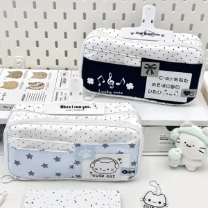 Astuccio in Tela Grande Capacità Doppio Strato Carino Stella Pois Gatto Cartone Animato Studente Cancelleria Borsa di Immagazzinaggio Scuola Custodia