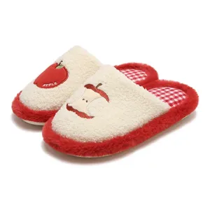 Cute red apple plush winter slippers for cozy indoor comfort with soft warm fleece and fluffy trim.