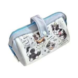 Detailed view of the cute border collie canvas pencil case with zipper and handle design.