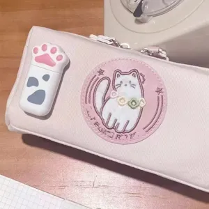 Astuccio rosa in tela con ricamo di gatto carino e decorazione di zampa, grande borsa.
