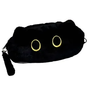 Cute soft plush black cat pencil case with large capacity for student stationery storage