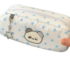 Schattig blauw sterren panda etui met metalen sterrenhanger en rits voor scholieren.