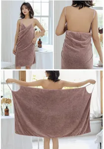 Coral fleece wearable bath towel for women, thick absorbent bath dress with straps, comfy home spa.