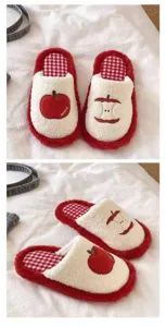 Cute red apple plush cotton slippers, soft warm indoor fuzzy house shoes for winter home.