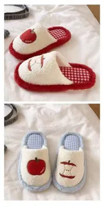 Cute apple embroidered plush cotton slippers for women and men, warm indoor winter shoes.