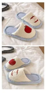 Plush cotton slippers detail, featuring cute red apple embroidery and soft fuzzy lining.