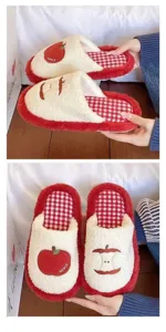 Cute red apple fuzzy winter slippers for men and women, warm plush home floor shoes cozy indoor.