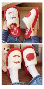 Cute red apple plush cotton slippers for winter warm indoor wear, comfortable fuzzy floor shoes.
