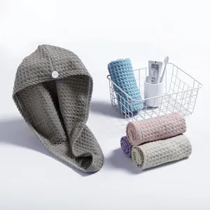 Cuffia per Asciugare i Capelli in Microfibra Waffle Assorbente Rapido Asciugamano per Capelli Con Bottone Turban Morbido per Donna Casa
