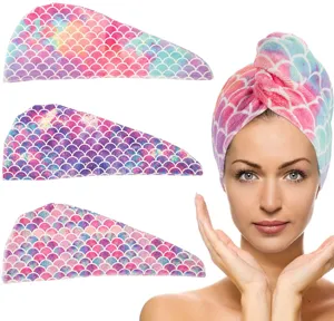 Detailed view showing microfiber mermaid scale hair drying cap variants and model wear.