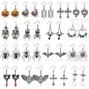 Vintage Halloween earring set with pumpkin, skull, and bat designs for festive costumes