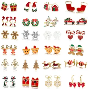 Detailed collection of various colorful enamel and rhinestone Christmas stud earrings.