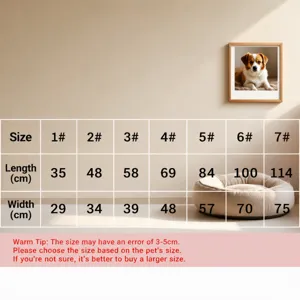 Tabla de tallas de cama de peluche para mascotas con siete medidas para gatos y perros.