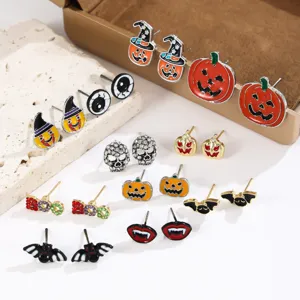 Halloween Funny Stud Earrings Set Funny Pumpkin Ghost Spider Skull Bat Lip Drip Oil Rhinestone Alloy Stud Earrings For Women Festival Party Jewelry