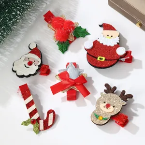 Detailed view of Christmas hair clips set with Santa, reindeer, and festive star motifs.