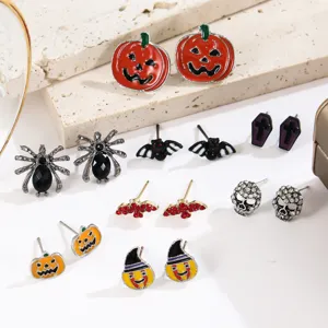 Halloween stud earring set featuring pumpkin spider skull and bat designs in enamel finish