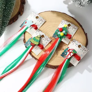 Detailed view of Christmas hair clips with colorful wig extensions on wooden display