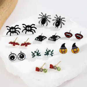 Assorted Halloween stud earrings set featuring funny pumpkin, spider, and bat motifs.