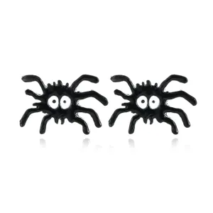 Funny black enamel spider stud earrings with cartoon eyes for Halloween jewelry.