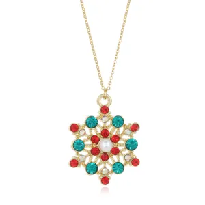Christmas snowflake pendant necklace with red and teal rhinestones and center pearl