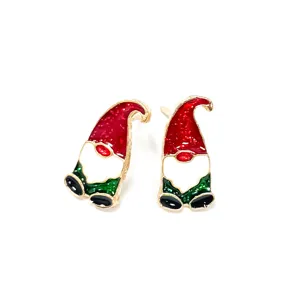 Detailed close-up showing festive Christmas gnome stud earrings with enamel finish.