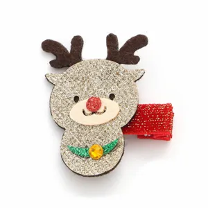 Glittery reindeer Christmas hair clip for children with red ribbon alligator clip