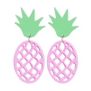 Orecchini a pendente in acrilico a forma di ananas rosa e verde per l'estate.